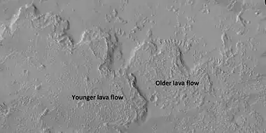 Lava flows on Olympus Mons with older and younger flows labeled, as seen by HiRISE under HiWish program