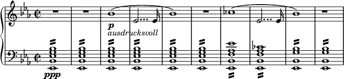 
{ \new PianoStaff <<
\new Staff \relative bes' { \set Staff.midiInstrument = #"piano" \key es \major \clef treble \time 2/2 \set Score.tempoHideNote = ##t \tempo 2 = 60
  R1*2 | % 3
  bes1 \p _\markup{ \italic{ ausdrucksvoll} } ( | % 4
  es,2... es16 | % 5
  bes'1 ) | % 6
  R1 | % 7
  ces1 ( | % 8
  es,2... es16 | % 9
  bes'1 )
  r1
  }
\new Staff \relative es, { \set Staff.midiInstrument = #"piano" \key es \major \clef bass \time 2/2
  <es bes' es g bes>1 \ppp :16 | % 2
  <es bes' es g bes>1 :16 | % 3
  <es bes' es g bes>1 :16 | % 4
  <es bes' es g bes>1 :16 | % 5
  <es bes' es g bes>1 :16 | % 6
  <es bes' es g bes>1 :16 | % 7
  <es bes' f' as es'>1 :16 | % 8
  <es bes' f' as ces>1 :16 | % 9
  <es bes' g' bes>1 :16 |
  <es bes' g' bes>1 :16 }
>> }
