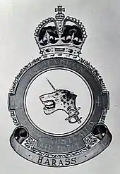 Drawing of a Royal Australian Air Force crest depicting a jaguar's head pierced by a rapier; the motto beneath reads "Harass"