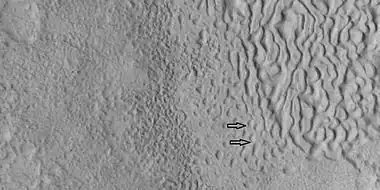 Brain terrain being formed, as seen by HiRISE under HiWish program Note: this is an enlargement of a previous image using HiView.  Arrows indicate spots where brain terrain is beginning to form.