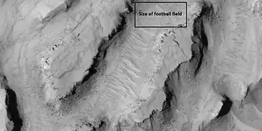 Close view showing blocks being formed, as seen by HiRISE under HiWish program Note: this is an enlargement of the previous image.  Box represents the size of a football field.