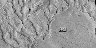 Ribbed terrain being formed from upper plains unit, as seen by HiRISE under HiWish program Formation begins with cracks that enhance sublimation.  Box shows the size of football field.