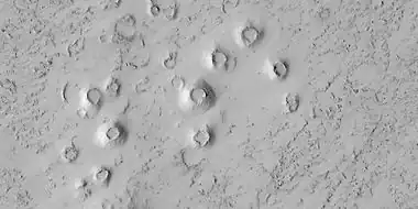 Close view of cones, as seen by HiRISE under HiWish program  These cones probably formed when hot lava flowed over ice-rich ground.