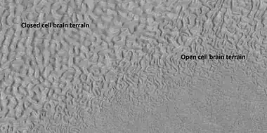 Open and closed brain terrain with labels, as seen by HiRISE under HiWish program