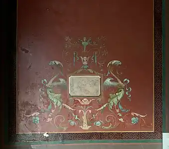 Neoclassical cartouche on a Pompeian style wall in Strada Nicolae Filipescu no. 45, Bucharest, Romania, unknown architect or painter, c.1890