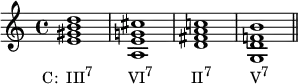  {
\relative c' {
   \clef treble 
   \time 4/4
   \key c \major
   <e gis b d>1_\markup { \concat { \translate #'(-3.5 . 0) { "C:  III" \raise #1 \small "7" \hspace #5 "VI" \raise #1 \small "7" \hspace #5.5 "II" \raise #1 \small "7" \hspace #5.5 "V" \raise #1 \small "7" } } }
   <a, e' g! cis> <d fis a c!> < g, d' f! b> \bar "||"
} }
