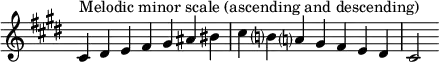  {
\omit Score.TimeSignature \relative c' {
  \key cis \minor \time 7/4 cis^"Melodic minor scale (ascending and descending)" dis e fis gis ais bis cis b? a? gis fis e dis cis2
} }
