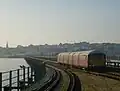 Island Line No. 008 arrives at Ryde Pier Head, wearing the final used livery based on that of London Transport.