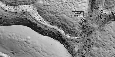 Close view of fractured ground, as seen by HiRISE under HiWish program  Box shows size of football field.  The boulders are the size of houses.