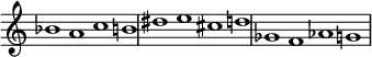 
{
#(set-global-staff-size 17.5)
\override Score.TimeSignature
#'stencil = ##f
\override Score.SpacingSpanner.strict-note-spacing = ##t
  \set Score.proportionalNotationDuration = #(ly:make-moment 3/1)
    \relative c'' {
        \time 4/1
        \set Score.tempoHideNote = ##t \tempo 1 = 60
        bes1 a c b!  
        dis e cis d  
        ges, f aes g
    }
}
