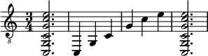  {
\clef "treble_8"
\time 3/4
<c, g, c g c' e'>2.
<c, >4
<g, >4
<c  >4
<g >4
<c' >4
<e' >4
<c, g, c g c' e'>2.
}
