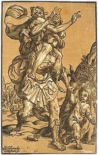 Ludolph Buesinck, Aeneas carries his father, German style, with line block and brown tone block