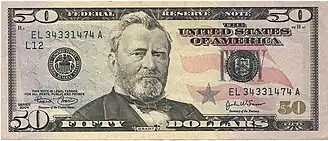 Paper currency, double image of obverse (with Grants image) and reverse (with Capitol building image)