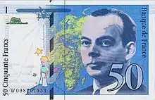 Portrait and images from The Little Prince on a 50-franc banknote