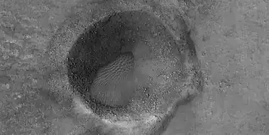 Close view of boulders near mud volcanoes, as seen by HiRISE under HiWish program  The boulders may be from an upper layer.  Mud from a mud volcano does not contain boulders, only fine-grain material.