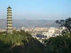 A view of the city from the northern loess plateau escarpment depicting a Taoist Wanshou Guan temple