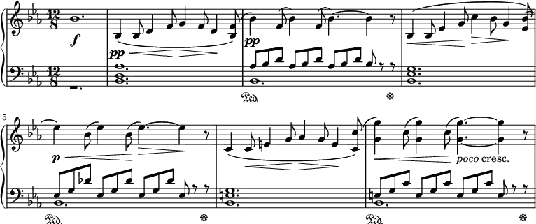 
 \relative c' {
  \new PianoStaff <<
   \new Staff { \key c \minor \time 12/8
    \override TextScript #'Y-extent = #'(-0.5 . 3.5) bes'1. bes,4\pp\<( bes8 d4 f8\! g4\> f8 d4\! <bes f'>8) (bes'4\pp )f8( bes4) f8( bes4.~) bes4 r8 bes,4\<( bes8 ees4 g8\! c4\> bes8 g4\! <bes ees,>8) (ees4\p\<) bes8( ees4) bes8\!( ees4.~\>) ees4\! r8 c,4( c8\< e4 g8\! aes4\> g8 e4\! <c c'>8) (<g' g'>4\<) c8( <g g'>4) c8(\!(<g g'>4.~)_\markup { \italic poco cresc. } (<g g'>4~ r8
   }
   \new Dynamics {
    s\f
   }
   \new Staff { \key c \minor \time 12/8 \clef bass
    <<
      { s1. s aes,8[ bes d] aes8[ bes d] aes8[ bes d] bes r r\sustainOff s1. ees,8[ g des'] ees,8[ g des'] ees,8[ g des'] ees, r r\sustainOff s1. e8[ g c] e,8[ g c] e,8[ g c] e, r r\sustainOff }
    \\
      { r1. \override TextScript #'Y-extent = #'(-0.5 . 3.5) <bes d aes'>1. bes\sustainOn <bes ees g>1. bes\sustainOn <bes e g> bes\sustainOn }
    >>
   }
  >>
 }
