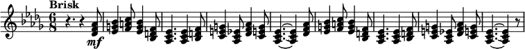 
\new Staff {
  \key des \major
  \time 6/8
  \clef treble
  \set Staff.midiInstrument = #"trumpet"
  \tempo Brisk 4. = 116
  \set Score.tempoHideNote = ##t
  |
  r4.
  r4
  <<des'8 f'\mf aes'>>
  |
  <<ees'4 g' bes'>>
  <<f'8 a' c''>>
  <<ees'4 g' bes'>>
  <<bes8 d' f'>>
  |
  <<aes4. c' ees'>>
  <<aes4 c' ees'>>
  <<bes8 d' f'>>
  |
  <<c'4 e' g'>>
  <<aes8 c' ees'>>
  <<des'4 f' aes'>>
  <<c'8 e' g'>>
  |
  <<aes4.~ c'~ ees'~>>
  <<aes4 c' ees'>>
  <<des'8 f' aes'>>
  |
  <<ees'4 g' bes'>>
  <<f'8 a' c''>>
  <<ees'4 g' bes'>>
  <<bes8 d' f'>>
  |
  <<aes4. c' ees'>>
  <<aes4 c' ees'>>
  <<bes8 d' f'>>
  |
  <<c'4 e' g'>>
  <<aes8 c' ees'>>
  <<des'4 f' aes'>>
  <<c'8 e' g'>>
  |
  <<aes4.~ c'~ ees'~>>
  <<aes4 c' ees'>>
  r8
}
