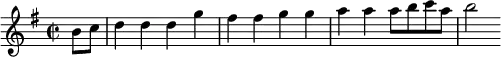 
\relative a' {
\set Staff.midiInstrument = #"recorder"
\set Score.tempoHideNote = ##t
\tempo 4 = 145
\key g \major
\time 2/2
\partial 4
b8 c
d4 d d g fis fis g g a a a8 b c a b2 }
