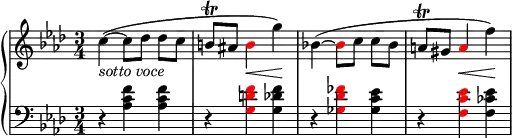 
    {
      \new PianoStaff <<
        \new Staff <<
            \new Voice \relative c'' {
                \clef treble \key f \minor \time 3/4
                \override DynamicLineSpanner.staff-padding = #2
                c4~(_\markup { \italic "sotto voce" } c8[ des] des[ c]
                b\trill ais \once \override NoteHead.color = #red b4\< g')\!
                bes,!~( \once \override NoteHead.color = #red bes8[ c] c[ bes]
                a8\trill gis \once \override NoteHead.color = #red a4\< f')\!
                }
            >>
        \new Staff <<
            \new Voice \relative c' {
                \clef bass \key f \minor \time 3/4
                r4 <aes c f> <aes c f> 
                r \once \override NoteHead.color = #red <g d' f> <g des' f> 
                r \once \override NoteHead.color = #red <ges des' fes> <ges c es> 
                r \once \override NoteHead.color = #red <f c' es> <f ces' es>
                }
            >>
    >> }
