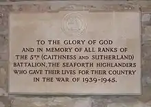 Plaque commemorating the 5th Bn Seaforth Highlanders in World War II.