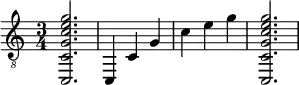  {
\clef "treble_8"
\time 3/4
<c, c g c' e' g'>2.
<c, >4
<c >4
<g  >4
<c' >4
<e' >4
<g' >4
<c, c g c' e' g'>2.
}
