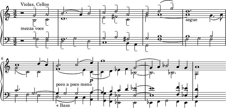 
{ \new PianoStaff <<
 \new Staff \relative c' { \key c \major \time 3/2 \clef treble << { b'2\rest ^"Violas, Cellos"_"mezza voce" g2-- a2-- | b2. (a4) b2-- | c2-- d2-- a2-- | b2-- d2-- (g2--) | d1._"segue" | c1 d4 (c4) | b2._"poco a poco meno" c2 (e4)\p | g1 g,2 ~ (| g4 a4) bes2 a4 g4 | a1 } \\ { s2 b,2-- c2-- | d1. | e2-- fis2 -- c2-- | g'2 a1 ~| a1 g4. (a8) | g2 (c,2) c2 | f1 (e4) c4 ~ (| c4 d4) es4 f4 bes,2 ~ | bes2. bes2. | a2 s2 } >> }
 \new Staff \relative c { \key c \major \time 3/2 \clef bass << { d2\rest g2-- g2-- | f1. | g2-- a2-- fis2-- | g2 b1 | b1 b2 | c2. g2. ~ | g4 g2 g2 a4 ~ | a4 b4 c4 d4 <es es,>2 ~ | <es es,>1 <f f,>4 <es es,>4 | <d d,>4 s2. } \\ { s2 f,2-- e2-- | d2-- g2-- d2-- | c1 b4-- a4-- | g2-- f'1 ~| f2 g2 f2 | e2 f2 e2 | d2._"+ Bass" (c4) c4 <a' a,>4 | <g g,>4 <f f,>4 <es es,>2 es,2 | es4 f4 g2 f4 es4 | f4 s2. } >> } >> }
