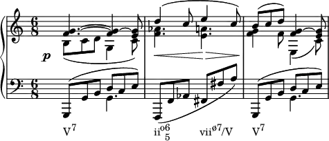  {
   #(set-global-staff-size 16)
   \new PianoStaff <<
      \new Staff <<
         \new Voice \relative c' {
             \stemUp \time 6/8
             <f g>4.^~ <f g>4^~ <e g>8
             d'4^( c8 e4 c8)
             b^( c d) <f, g>4^~ <e g>8
             }
         \new Voice \relative c' {
             \stemDown
              \override DynamicText.X-offset = #-4
              \override DynamicLineSpanner.staff-padding = #4
              b8_(\p c d g,4 c8)
             <f aes>4.\< <e a>4.\>
             <f g>4\! f8 e,4_( c'8)
              }
            >>
     \new Staff <<
         \new Voice \relative c, {
             \clef F \time 6/8
             \stemUp g8^( g' b d c e)
             \stemNeutral f,,( f' aes fis fis' a)
             \stemUp g,,8^( g' b d c e)
             }
         \new Voice \relative c {
             \stemDown
             s4._\markup { \concat { "V" \raise #1 \small "7" \hspace #16 "ii" \raise #1 \small "o" \combine \raise #1 \small 6 \lower #1 \small 5 \hspace #6 "vii" \raise #1 \small "ø7" "/V" \hspace #4 "V" \raise #1 \small "7" } } g s2. s4. g
             }
         >>
    >>
}
