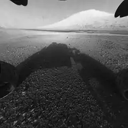 Aeolis Mons ("Mount Sharp"), Mars (as viewed by the rover Curiosity on 6 August 2012).