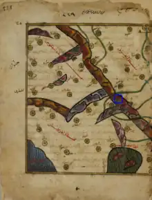 6th section of the 4th clime in Al-Idrisi's atlas. A map of Armenia in the bottom center, Azerbaijan in the lower left corner, and West Central Iran in upper left and a small portion of the Caspian Sea at the bottom left, with the Zagros Mountains at the bottom. Sixth section of the fourth clime from the oldest extant manuscript of al-Idrisi's Nuzhat al-mushtaq, copied c.1300.