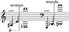 
    {
      \new Staff \with { \remove "Time_signature_engraver" }
      \clef treble \key c \major ^ \markup "written" \cadenzaOn
      \tweak font-size #-2 \ottava #-1 fis, \finger \markup \text "pedal" \glissando c
      \ottava #0 \arpeggioBracket <des d'''>1 \arpeggio
      \once \hide r1
      \clef bass ^ \markup "sounds"
      \tweak font-size #-2 e,,4 \finger \markup \text "pedal" \glissando bes,,4
      \arpeggioBracket <b,, c''>1 \arpeggio
    }
  