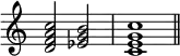 
{
\omit Score.TimeSignature
\relative c' {<d f a c>2 <es g b> <c e g c>1 \bar "||" } }
