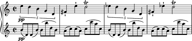 
{ \new PianoStaff <<
\new Staff \relative e'' { \set Staff.midiInstrument = #"piano" \key c \major \clef treble \time 2/2 \set Score.tempoHideNote = ##t \tempo 2 = 43
  \times 4/5 {
    e4\pp d4 b4 g4 d4
  }
  | % 2
  fis4 -! e'4 -! d2 \trill | % 3
  \times 4/5  {
    es4 d4 b4 g4 d4
  }
  | % 4
  fis4 -! es'4 -! d2 \trill
  }
\new Staff \relative b' { \set Staff.midiInstrument = #"piano" \key c \major \clef treble \time 2/2
  b8\pp ( d,8 ) d8 ( b'8 ) b8 (
  b'8 d,8 b8 ) | % 2
  a8 ( c8 ) c8 ( a8 ) c8 ( c'8 a8 c,8 ) | % 3
  b8 ( d,8 ) d8 ( b'8 ) b8 ( b'8 d,8 b8 ) | % 4
  a8 ( c8 ) c8 ( a8 ) c8 ( c'8 a8 c,8 ) }
>> }
