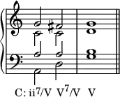  {
#(set-global-staff-size 16)
\override Score.TimeSignature #'stencil = ##f
      \new PianoStaff <<
        \new Staff <<
            \new Voice \relative c'' {
                \stemUp \clef treble \key c \major \time 4/4
                g2 fis g1
                }
            \new Voice \relative c' {
                \stemDown
                c2 c d1
                }
            >>
        \new Staff <<
            \new Voice \relative c' {
                \stemUp \clef bass \key c \major \time 4/4
                a2 a b1
                }
            \new Voice \relative c {
                \stemDown
                a2_\markup { \translate #'(-4 . 0) { \concat { "C: ii" \raise #0.5 \small "7" "/V" \hspace #1 "V" \raise #1 \small "7" "/V" \hspace #1.5 "V" } } }
               d g1 \bar "||"
                }
            >>
    >> }
