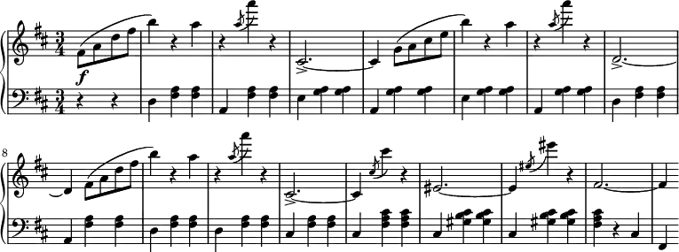 
 \relative c' {
  \new PianoStaff <<
   \new Staff { \key b \minor \time 3/4
    \set Score.tempoHideNote = ##t
     \tempo "" 2. = 64
      \partial 2
  fis8( a d fis b4) r a r \slashedGrace a8( a'4) r cis,,,2.->~ cis4 g'8( a cis e b'4) r a r \slashedGrace a8( a'4) r d,,,2.->~ d4 fis8( a d fis b4) r a r \slashedGrace a8( a'4) r cis,,,2.->~ cis4 \slashedGrace cis'8( cis'4) r eis,,2.~ eis4 \slashedGrace eis'8( eis'4) r fis,,2.~ fis4
   }
   \new Dynamics {
    s\f
      }
   \new Staff { \key b \minor \time 3/4 \clef bass \partial 2
      r4 r d, <fis a> <fis a> a, <fis' a> <fis a> e <g a> <g a> a, <g' a> <g a> e <g a> <g a> a, <g' a> <g a> d <fis a> <fis a> a, <fis' a> <fis a> d <fis a> <fis a> d <fis a> <fis a> cis <fis a> <fis a> cis <fis a cis> <fis a cis> cis <gis' b cis> <gis b cis> cis, <gis' b cis> <gis b cis> <fis a cis> r cis fis,
   }
  >>
 }
