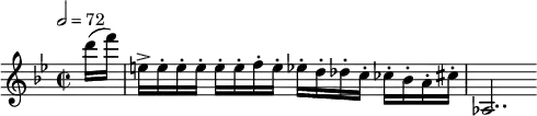 
  \relative c'' { \clef treble \time 2/2 \key bes \major \tempo 2 = 72 \partial 8*1 d'16( f) | e,->[ e-. e-. e-.] e-.[ e-. f-. e-.] ees-.[ d-. des-. c-.] ces-.[ bes-. a-. cis-.] | aes,2.. }
