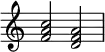  {
\override Score.TimeSignature #'stencil = ##f
\relative c' { 
  \clef treble \time 4/4
  <f a c>2 <d f a>
} }
