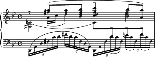 
{
\new PianoStaff
<<
  \new Staff
  {
    \clef treble
    \time 4/4
    \key g\minor
    <<
      {
        r8 <a'' fis''>8-- ( <a'' fis''> <bes'' fis'' d'' bes'> <c''' fis'' d'' c''>4-- <bes'' bes'>8 <a'' a'> )
      }
      \\
      {
        \once \override Tie #'control-points = #'((1 . -3.5) (11 . -7) (21 . -7) (31 . -3.5))
        <c'!~ fis>2 c'8 \change Staff="LeftHand" \stemUp d'^- e'^- fis'^-
      }
      \\
      {}
      \\
      {
        s8 a'16 ( c'' d''4--) s <fis'' d''>4
      }
    >>
  }
  \new Staff = "LeftHand"
  {
    \clef bass
    \key g\minor
    \times 4/6 {d,16 ( a, d fis c' d' } \times 4/6 {fis' d' c' fis d a,) } \slurDown \times 4/6 {d, a, fis d' ( c' fis ) } \times 4/6 {e' ( c' fis ) fis' ( c' fis ) }
  }
>>
}
