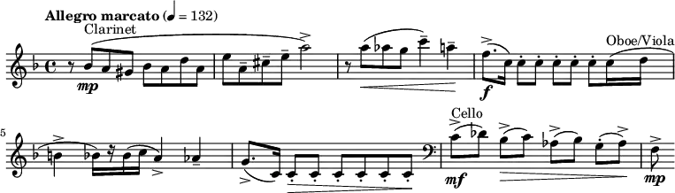 
  \relative c'' { \clef treble \time 4/4 \key d \minor \tempo "Allegro marcato" 4 = 132 r8 bes(^"Clarinet"\mp a gis bes a d a | e' a,-- cis-- e-- a2->) | r8 a(\< aes g c4--) a--\! | f8.->(\f c16) c8-. c-. c-. c-. c-. c16^"Oboe/Viola"( d | b4-> bes16)[ r bes( c] a4->) aes-- | g8.->( c,16) c8-.\> c-. c-. c-. c-. c-.\! | \clef bass c(->\mf^"Cello"[ des)] bes(\>->[ c)] aes->([ bes)] g(-.[ aes->)\!] | f\mp-> }
