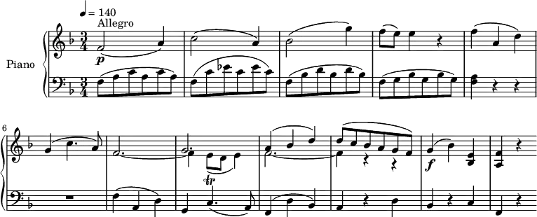 
\header {
  tagline = ##f
}
upper= \relative c' {
  \clef treble
  \key f \major
  \time 3/4
  \tempo 4 = 140
  \set Staff.midiInstrument = #"piano"
    f2\p^\markup { Allegro } (a4)
    c2 (a4)
    bes2 (g'4)
    f8 (e) e4 r4
    f4 (a, d)
    g, (c4. a8)
     << {s2. g2.} \\ { \stemUp f2.~ \stemDown f4 e8\trill (d e4)} >> % attention les liaisons de tenues sont avec ~, celle de phrasé avec ()
    <<{a4^(bes d) d8 (c bes a g f)} \\ { f2.~ f4 r4 r4 } >> % même problème liaison = ~ ; phrasé = ()
    g4\f (bes) <bes, e>
    <a f'> r4
  }
lower=\relative c { \set Staff.midiMaximumVolume = #0.7
    \clef bass
    \key f \major
    \numericTimeSignature
    \time 3/4
    f8 (a c a c a)
    f8 (c' ees c ees c)
    f,8 (bes d bes d bes)
    f8 (g bes g bes g)
    <f a>4 r4 r4
    R2.
    f4 (a, d)
    g, c4. (a8)
    f4 (d' bes)
    a4 r4 d
    bes r4
    c f, r4
  }
\score {
       \new PianoStaff \with { instrumentName = #"Piano" }
       <<
         \new Staff = "upper" \upper
         \new Staff = "lower" \lower
       >>
\layout { }
\midi { } }
