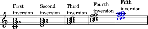 
{
\override Score.TimeSignature
#'stencil = ##f
\override Score.SpacingSpanner.strict-note-spacing = ##t
\set Score.proportionalNotationDuration = #(ly:make-moment 1/4)
\time 4/4 
\relative c' { 
   <b d f g a c>1^\markup { \column { "First" "inversion" } }
   <d f g b a c>1^\markup { \column { "Second" "inversion" } }
   <f g b d a c>1^\markup { \column { "Third" "inversion" } }
   <a b c d f g>1^\markup { \column { "Fourth" "inversion" } }
   \once \override NoteHead.color = #blue <c d f g a b>1^\markup { \column { "Fifth" "inversion" } }
   }
}
