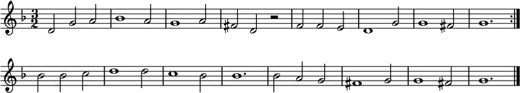 
{ \key f \major \time 3/2 
\set Score.tempoHideNote = ##t
\tempo 2=100
\set Staff.midiInstrument = "english horn"
\override Staff.TimeSignature #'stencil = ##t 
 \repeat volta 2 {d'2 g' a' bes'1 a'2 g'1 a'2 fis'2 d' r f' f' e' d'1 g'2 g'1 fis'2 g'1.
 \override Score.BarNumber  #'transparent = ##t}
 {bes'2 bes' c''  d''1 d''2 c''1 bes'2 bes'1. bes'2 a' g' fis'1 g'2 g'1 fis'2 g'1. \bar "|."}
}
