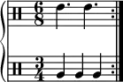 
    \new PianoStaff <<
       \new DrumStaff <<
           \drummode {
              \set Staff.timeSignatureFraction = 6/8
              \set Score.tempoHideNote = ##t \tempo 4 = 120
              \repeat volta 2 { tommh4. tommh }
           }
       >>
       \new DrumStaff <<
           \drummode {
              \set Staff.timeSignatureFraction = 3/4
              \repeat volta 2 { tomfh4 tomfh tomfh }
           }
       >>
   >>
