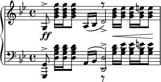 
{
\new PianoStaff
<<
  \new Staff
  {
    \clef treble
    \autoBeamOff
    \time 4/4
    \key g\minor
    <<
      {
        \slurDown
        g8^> s s a16 [( bes] d'2_> )
      }
      \\
      {
        s8 <g'' d'' bes' g'>16 [ <g'' d'' bes' g'> <g'' d'' bes' g'>8 ] s g''\rest <d'' bes' g'>16 [ <ees'' bes' g'> ] <ees'' bes' g'> [ <e'' bes' g'> <e'' bes' g'>8 ]
      }
    >>
  }
  \new Dynamics { s8\ff s s s s s16\< s s s s8\! }
  \new Staff = "LeftHand"
  {
    \clef bass
    \autoBeamOff
    \key g\minor
    <<
      {
        <g, g,,>8^> s s a,16 ( [ bes, ] <d d,>2^> )
      }
      \\
      {
        s8 <d' bes g d>16 [ <d' bes g d> <d' bes g d>8] s8 r8 <d' bes g>16 [ <ees' bes g> ] <ees' bes g> [ <e' bes g> <e' bes g>8]
      }
    >>
  }
>>
}
