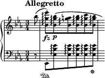 
\new PianoStaff <<
\new Staff = "Up" \with { \magnifyStaff #3/4 } <<
\new Voice \relative c' {
\clef treble
\tempo "Allegretto"
\set Score.tempoHideNote = ##t \tempo 4 = 76

\time 3/4
\key ees \major
\partial 8
bes''8 (<bes, g' ees'>-. \arpeggio \fz) <bes g' bes> \arpeggio \p (<bes g' a> \arpeggio <bes g' bes> \arpeggio <bes g' c> \arpeggio <bes g' bes> \arpeggio \hide r16)
}
>>
\new Staff = "Down" \with { \magnifyStaff #3/4 } <<
\new Voice \relative c{
\clef bass
\key ees \major
r8 ees,-. \sustainOn <ees' bes' ees> \arpeggio <ees bes' ees> \arpeggio <ees bes' ees> \arpeggio <ees bes' ees> \arpeggio <ees bes' ees> \arpeggio \sustainOff s16
}
>>
>>
