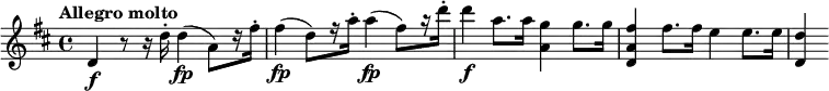 
\relative c' {
  \key d \major
  \tempo "Allegro molto"
  d\f r8 r16 d'16-. d4\fp (a8) [r16 fis'-.] fis4\fp (d8) [r16 a'-.] a4\fp (fis8) [r16 d'-.] d4\f a8. a16 <g a,>4 g8. g16 <fis a, d,>4 fis8. fis16 e4 e8. e16 <d d,>4
}
