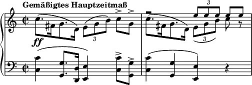 
{ \new PianoStaff <<
  \new Staff <<
    \set Score.tempoHideNote = ##t \new Voice \tempo "Gemäßigtes Hauptzeitmaß" 2 = 40 \relative e'' {
  \clef "treble" \key c \major \stemUp \time 2/2 | % 1
  s1 \ff | % 2
  r2 \once \override TupletBracket #'stencil = ##f
  \times 2/3  {
    e8 e8 e8
  }
  e8\noBeam [e8] }
  \relative c'' {
  \clef "treble" \key c \major \stemDown \time 2/2 | % 1
  c8. ( fis,16 g8. d16
  ) \once \override TupletBracket #'stencil = ##f
  \times 2/3  {
    e8 ( g8 b8 )
  }
  c8\noBeam [-> g8] -> | % 2
  c8. ( fis,16 g8. d16 ) \once \override TupletBracket #'stencil = ##f
  \times 2/3  {
    e8 _( g8 b8 )
  }
  c8\noBeam r8
  } >>
\new Staff \relative c { \set Staff.midiInstrument = #"piano" \key c \major \clef bass \time 2/2
  \clef "bass" \key a \major \time 2/2 <c c'>4 ( <g g'>8. <d d'>16 <e
  e'>4 ) <c' c'>8 -> <g g'>8 -> | % 2
  <c c'>4 ( <g g'>4 <e e'>4 ) r4 }
>> }
