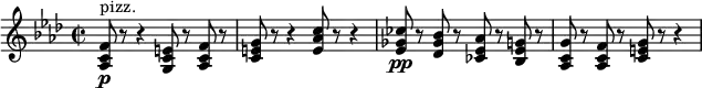 
\relative c' {
    \new Staff {
      \set Staff.midiInstrument = #"pizzicato strings" \key f \minor \clef treble \time 2/2 \set Score.tempoHideNote = ##t \tempo 2 = 50
      <as c f>8 ^"pizz." \p r8 r4 <g c e>8 r8 <as c f>8 r8 |
      <c e g>8 r8 r4 <e as c>8 r8 r4 |
      <es ges ces>8 \pp r8 <des ges bes>8 r8 <ces es as>8 r8 <bes es g>8 r8 |
      <as c g'>8 r8 <as c f>8 r8 <c e g>8 r8 r4 |
    }
}
