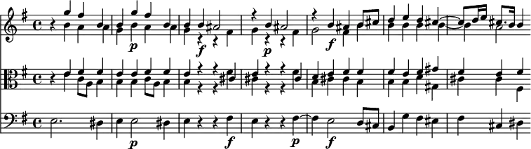 
<< <<
\new Staff { \clef treble \time 4/4 \key e \minor
    \set Staff.midiInstrument = "violin" \set Score.tempoHideNote = ##t 
    \relative c'' {
    r4 << { g'4 fis b, | b g'\p fis b, | b b\f ais2 | r4 b\p ais2 | 
    r4 b\f ais b8 cis | d4 e d cis~ | cis8 d16 e cis8. b16 b4 } \\
    { \omit Voice.DynamicText
    b4 a a | g b\p a a | g r r fis\f | g r r fis\p | 
    g2 fis4\f b | b b b b~ | b a2 
    \undo \omit Voice.DynamicText } >>
    }
}
\new Staff { \clef alto \key e \minor
    \set Staff.midiInstrument = "viola"
    \relative c' {
    \omit Staff.DynamicText
    r4 << { e fis fis | e e\p fis fis | e r r cis\f | e r r cis\p | 
    d e\f fis fis | fis e fis gis | fis e fis } \\
    { e4 c8 a b4 | b b\p c8 a b4 | b r r fis'\f | cis r r fis\p | 
    b,cis\f cis b | b b d gis, | cis cis fis, } >>
    \undo \omit Staff.DynamicText
    }
}
\new Staff { \clef bass \key e \minor
    \set Staff.midiInstrument = "cello"
    \relative c {
    e2. dis4 | e4 e2\p dis4 | e r r fis\f | e r r fis~\p | 
    fis e2\f d8 cis | b4 g' fis eis | fis cis dis 
    }
}
>> >>
\layout { indent = #0 }
\midi { \tempo 4 = 56 }
