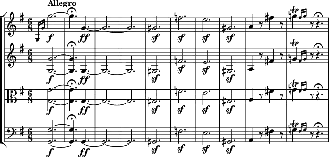 
{ 
<< \new StaffGroup <<
        \new Staff <<
            \tempo Allegro
            \relative c' {
                \clef treble \key g \major \time 6/8
                \grace { g16 g' } g'2.~\f
                g4.\fermata g,4.~\ff
                g2.~
                g
                gis\sf
                f'\sf
                e\sf
                gis,\sf
                a4 r8 fis'!4 r8
                \afterGrace g!4\trill { fis16 g } r8 r4.\fermata
                }
            >>
        \new Staff <<
            \relative c' {
                \clef treble \key g \major
                \grace { s16 s } <g g'>2.~\f
                <g g'>4.\fermata g4.~\ff
                g2.~
                g
                gis\sf
                f'\sf
                e\sf
                gis,\sf
                a4 r8 fis'!4 r8
                \afterGrace g!4\trill { fis16 g } r8 r4.\fermata
                }
            >>
        \new Staff <<
            \relative c' {
                \clef alto \key g \major
                \grace { s16 s } <g g'>2.~\f
                <g g'>4.\fermata g4.~\ff
                g2.~
                g
                gis\sf
                f'\sf
                e\sf
                gis,\sf
                a4 r8 fis'!4 r8
                \afterGrace g!4\trill { fis16 g } r8 r4.\fermata
                }
            >>
        \new Staff <<
            \relative c {
                \clef bass \key g \major
                \grace { s16 s } <g g'>2.~\f
                <g g'>4.\fermata g4.~\ff
                g2.~
                g
                gis\sf
                f'\sf
                e\sf
                gis,\sf
                a4 r8 fis'!4 r8
                \afterGrace g!4\trill { fis16 g } r8 r4.\fermata
                }
         >>
    >>
>> }
